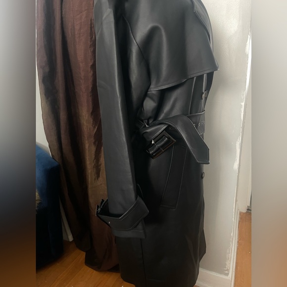 Plus Black Faux Leather Statement Buckle Trench Coat - Picture 8 of 10